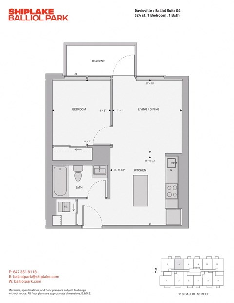Floor plan for 1 bed, 1 bath, 524 sqft